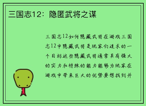 三国志12：隐匿武将之谋