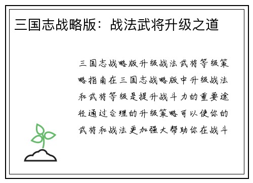 三国志战略版：战法武将升级之道