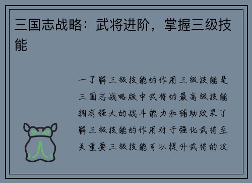 三国志战略：武将进阶，掌握三级技能